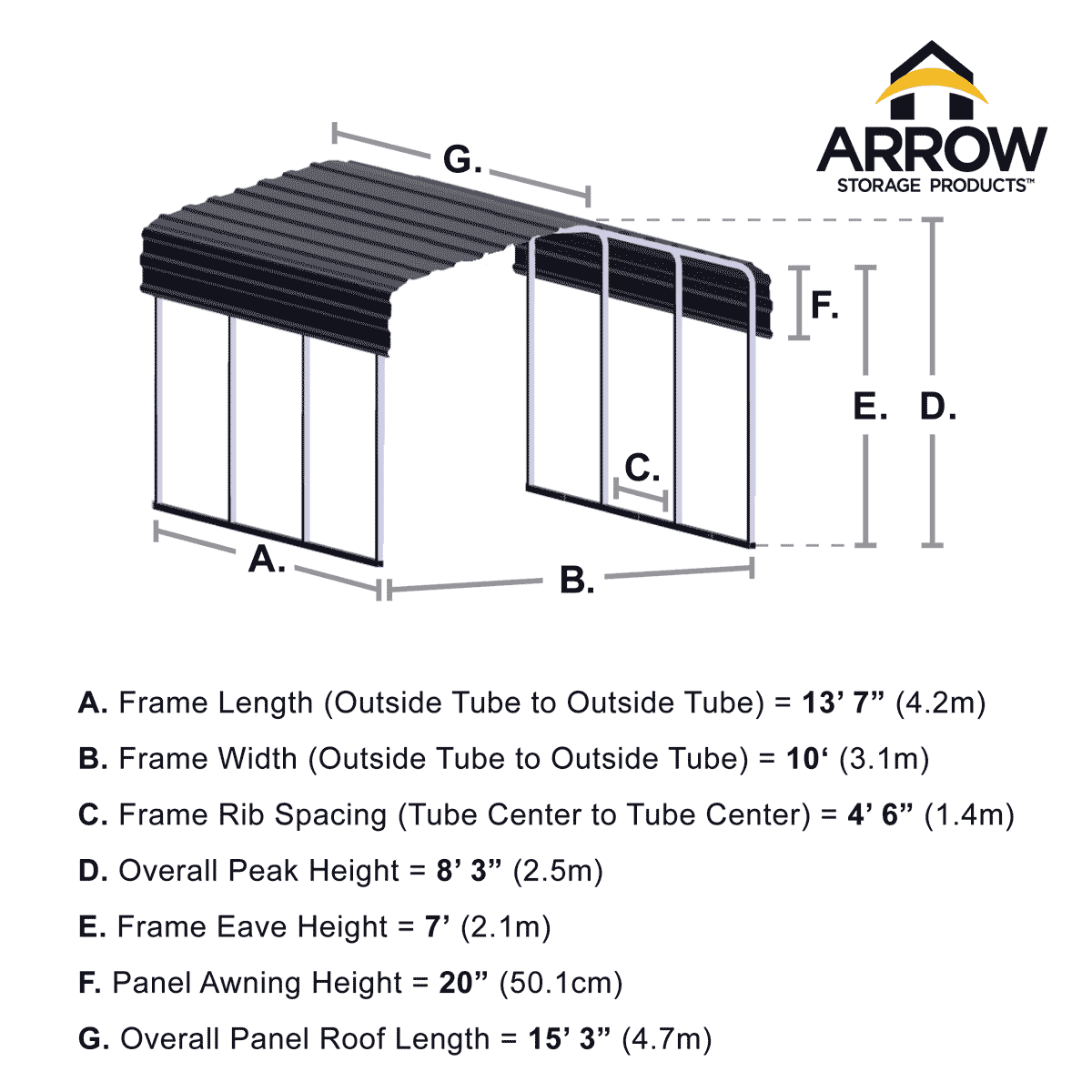 Arrow Carport, 10 ft. x 15 ft. x 7 ft. Charcoal