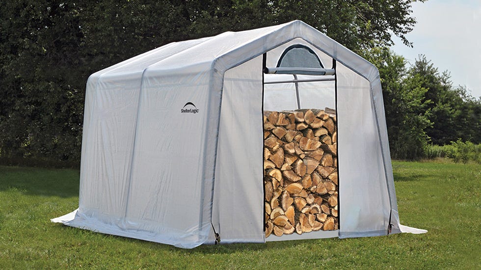 Stacked firewood storage shed